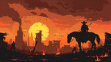 lone rider on horseback overlooking a burning cityscape at sunset in a post-apocalyptic wasteland