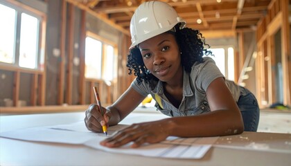 A female architect designs a building layout on a construction site blending engineering skills and creativity in modern infrastructure development and empowerment