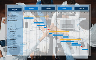 Poster - A detailed Gantt chart visualizing project management processes over a four-week timeline, showcasing collaboration and structured planning in a modern business environment. Amity