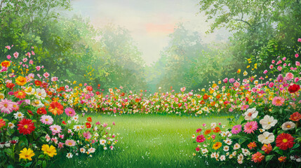Poster - Bright and colorful flower garden in a serene landscape during early morning light