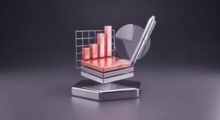 Poster - Pen drawing business chart, pie graph and grid on hexagonal platform