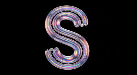 Aufkleber - Glossy holographic s shaped letter with bubbles floating inside on a black background