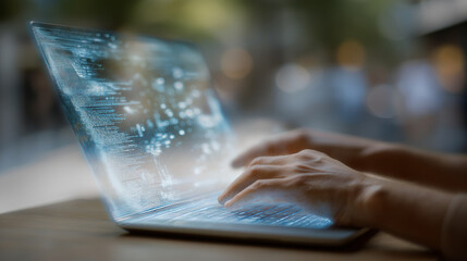 AVR-enabled laptop and holographic coding in a modern office setting