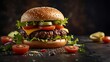 © Arafat Hossain - A delicious looking burger with sesame seed bun and fresh toppings on a dark background surface