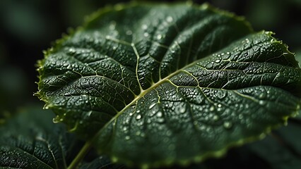 Wall Mural - A close up shot of a dark green leaf with water droplets and visible veins in natural light setting