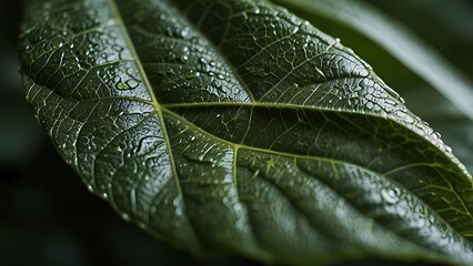 Wall Mural - Close up of a green leaf with water droplets showing the intricate details of the leaf structure