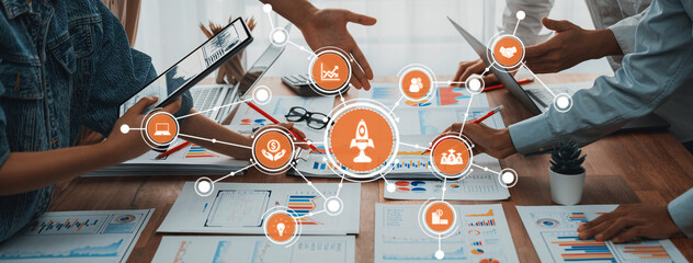 Fototapete - An engaging collaborative workspace scene featuring digital tools and business charts that emphasize teamwork, strategy, and innovative growth in a modern office environment. Amity