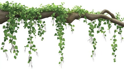 Wall Mural - Lush Green Ivy Vines Cascading from a Branch on a White Background