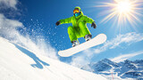Bright green snowboarder catches air off snowy hill on sunny day with blue sky and mountain background.