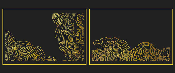 Wall Mural - Abstract wave golden line vector patterns set. Art deco fancy art posters and japanese luxury graphic design. For wine package and wedding invitation