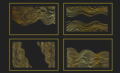 Wall Mural - Abstract wave golden line vector patterns set. Art deco fancy art posters and japanese luxury graphic design. For wine package and wedding invitation