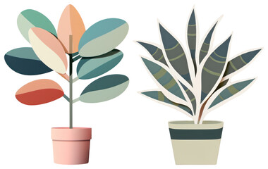 Wall Mural - png colorful abstract potted plants, element set on transparent background
