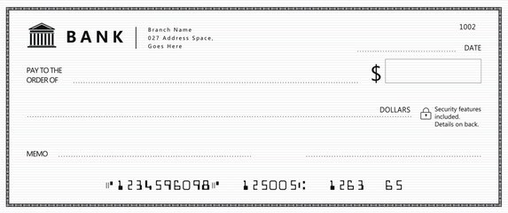 Wall Mural - bank check, vector blank money cheque, checkbook template with guilloche pattern and fields. currenc