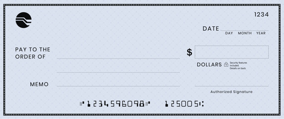 Wall Mural - blue bank check, vector blank money cheque, checkbook template with guilloche pattern and fields. cu