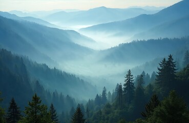  Majestic view valley covered by blue fog. Morning sunrise lights up green forest. Misty vale scene. Nature landscape background ideal for travel blog, eco tourism.