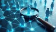 © Viktor - Magnifying glass focuses on person icon. Blurred figures interconnected by glowing lines. Concept of networking, teamwork, digital connections, business, human relationships, social media