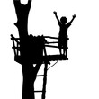 © OS - Silhouette of a Child Waving from a Treehouse – Symbol of Childhood Adventure, Outdoor Play, Nature Connection, Summer Fun, Freedom, Imagination and Creative Exploration