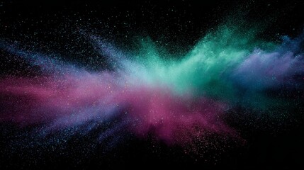Aufkleber - Vibrant explosion of colorful dust in shades of teal, pink, and purple against a dark background evokes a cosmic and energetic sensation.
