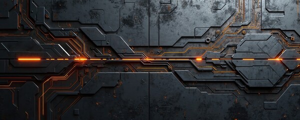 Abstract illustration of futuristic technology. Sci-fi circuit pattern on weathered surface. Cyberpunk aesthetics, urban engineering concept. Orange neon lines contrast dark metal. High-tech