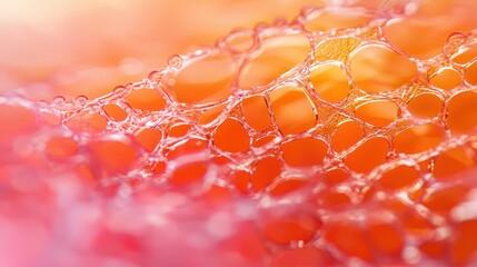 A vibrant macro photo showing delicate soap bubbles with an orange and pink background.