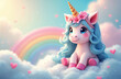 © Viktor - Illustration of unicorn sitting on fluffy cloud with rainbow background. Magical dreamy, whimsical, enchanting, colourful illustration. Horned horse with blue hair, flower crown. For fairy tale,