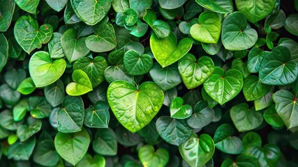 Poster - Lush green heart-shaped leaves blanket a garden wall in vibrant detail during the daytime, showcasing nature's beauty in crisp 4k resolution