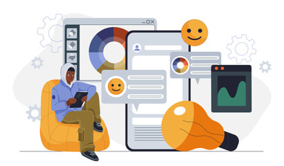 Social media account design. Man with tablet create design elements for mobile app. Graphic designer and programmer develop interface for social networks. Flat vector illustration