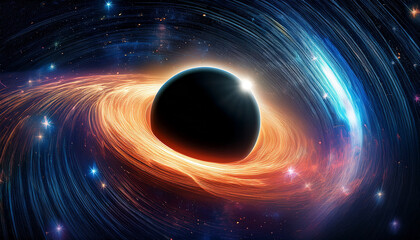 Wall Mural - a black hole with a glowing constellation of various colors revolves around a black hole in the univ