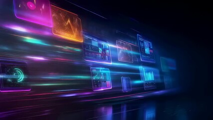 Wall Mural - dynamic light trails with multicolored neon streaks moving across dark background. glowing digital i