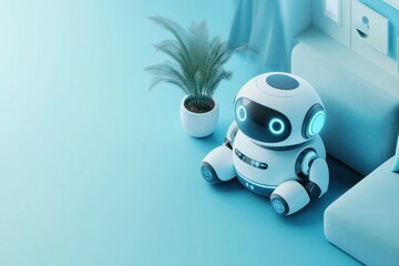 Cute robot sits in a light blue room.