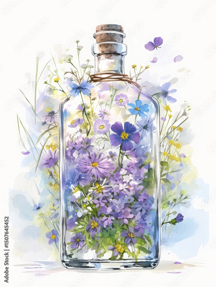 A glass bottle filled with various wildflowers in shades of purple and blue, showcasing delicate blooms. The background features soft, blending colors that enhance the joyful aesthetic.