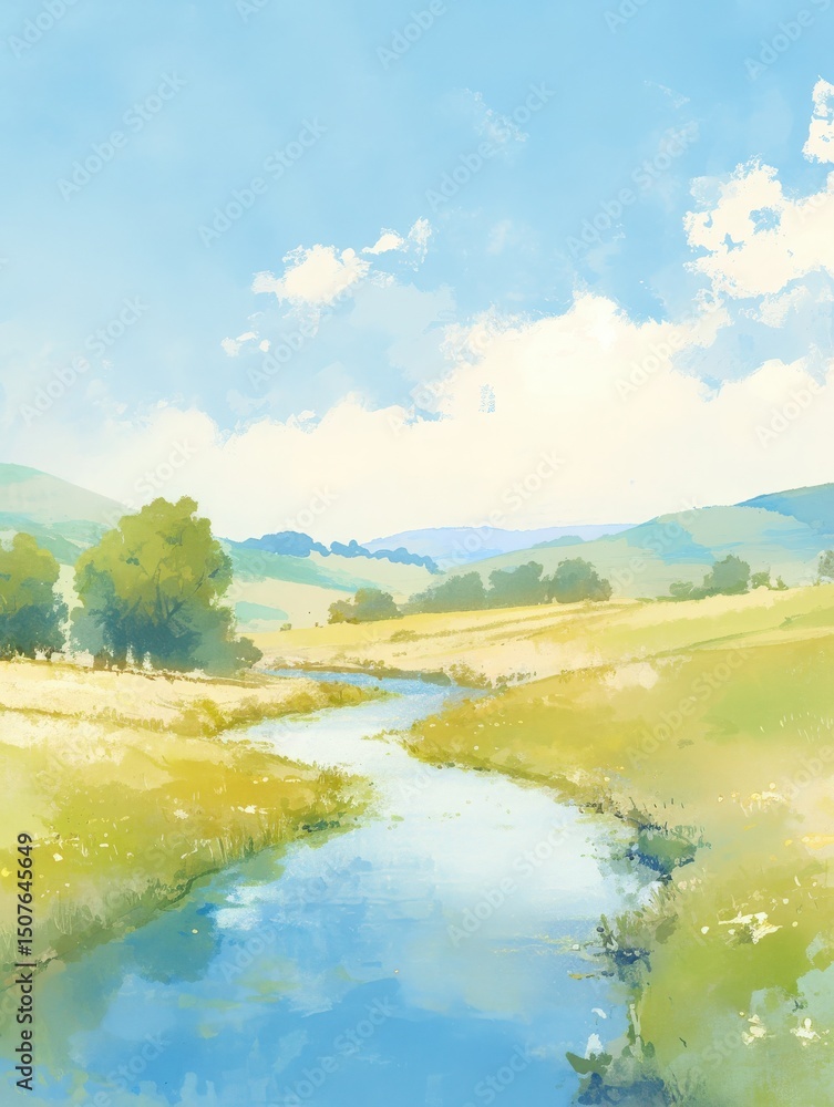 A tranquil rural landscape features a winding river flowing gently through lush green fields.