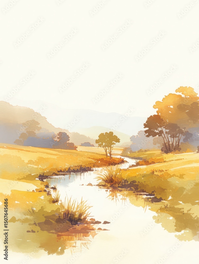 A watercolor artwork displays a tranquil river winding through a golden meadow. Trees are clustered along the riverbank, and mountains can be seen in the distance under a bright sky.
