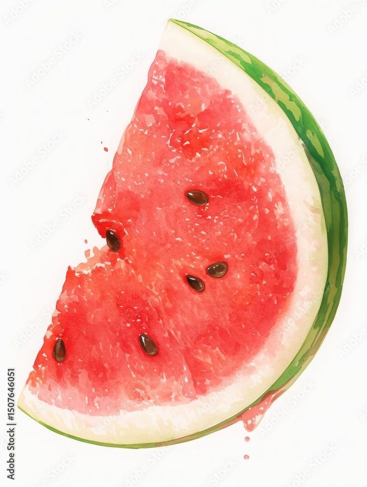 A slice of ripe watermelon showcases its juicy red interior and green rind. The image highlights the seeds and the droplets of juice, capturing a fresh summer snack.