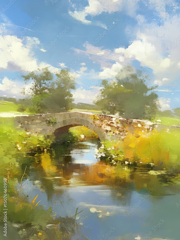 A charming stone bridge arches over a gentle river, surrounded by lush greenery and sunlight. Soft clouds drift in a vibrant blue sky, creating a peaceful atmosphere in this beautiful setting.