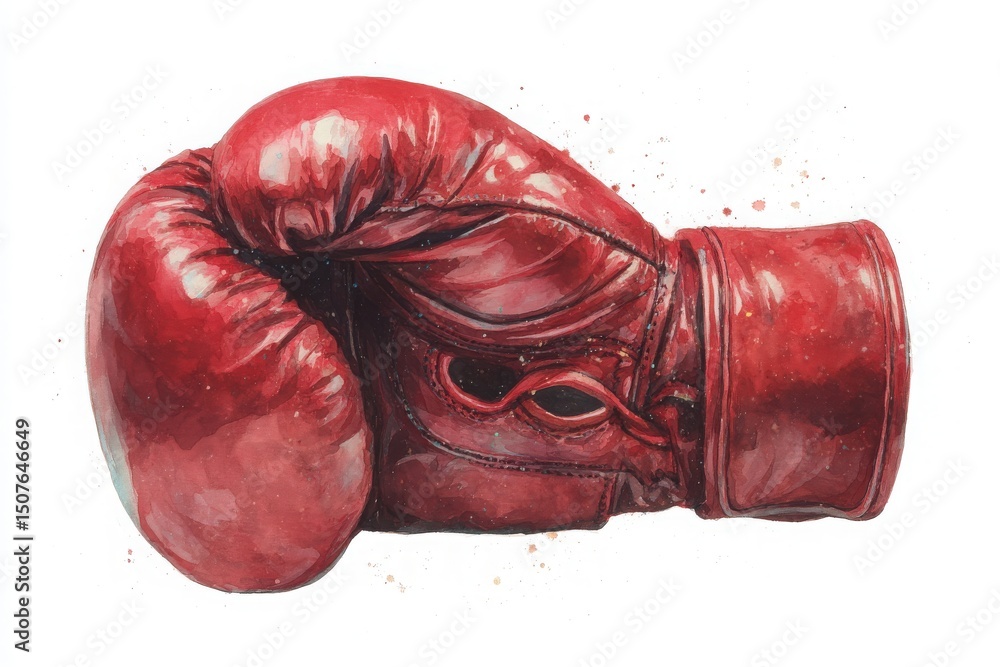 A vibrant red boxing glove is positioned on a smooth surface, showcasing its distinct shape and texture. The background features a subtle splash of color, adding artistic flair.