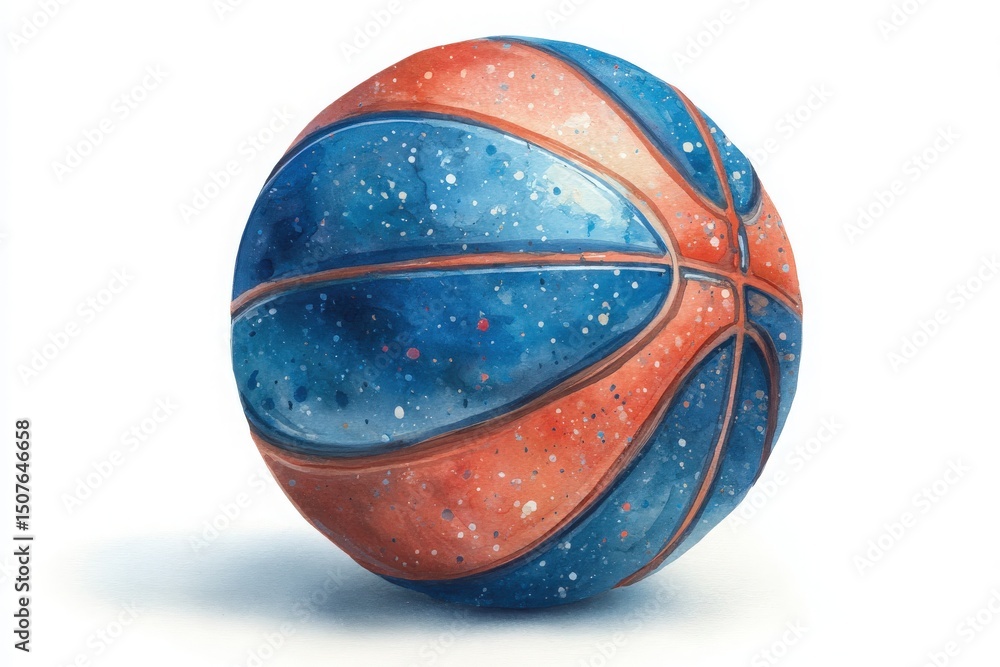 A vibrant basketball displays a unique blend of blue and orange colors with a speckled texture. It is positioned on a plain white surface, emphasizing its artistic design.
