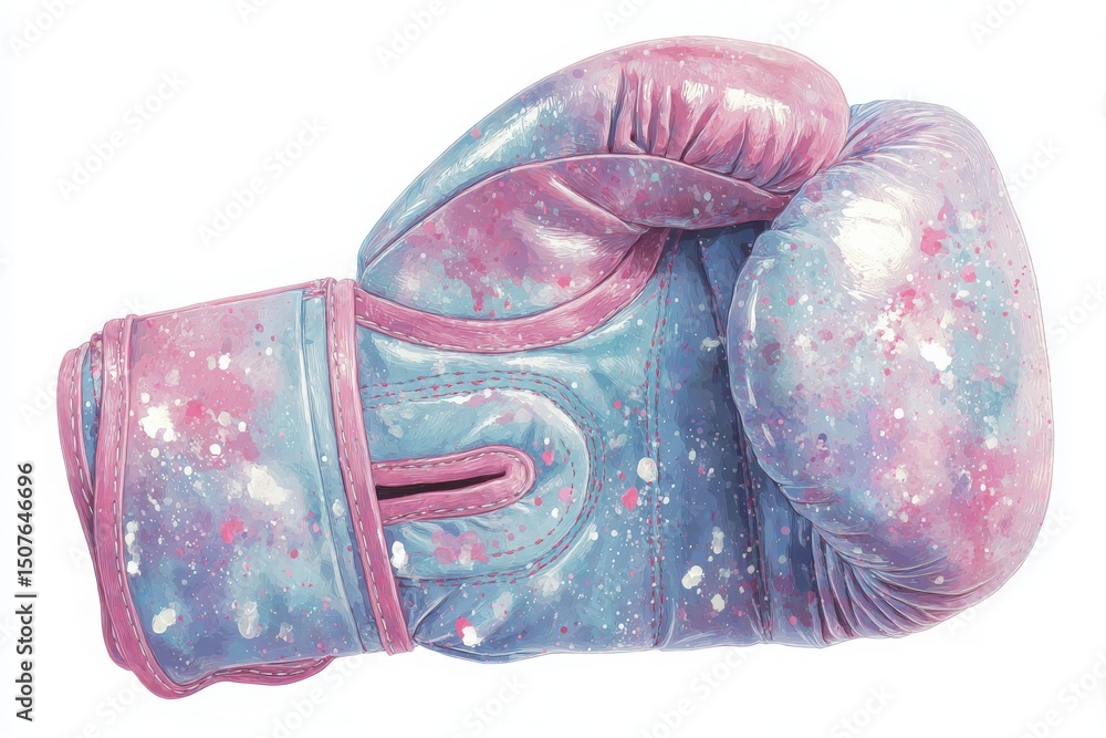 This vivid boxing glove features a unique blend of pink and blue colors with a splattered paint effect, showcasing a creative approach to traditional sports gear.