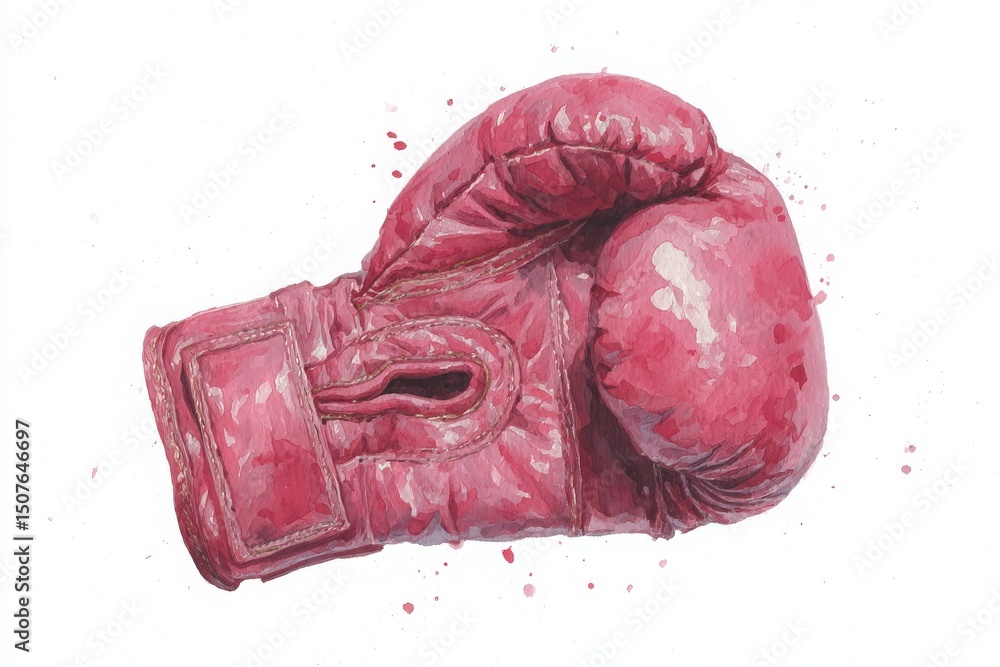 A red boxing glove is positioned on a white surface, showcasing its rounded shape and stitched details. Some splashes of red are visible in the background, adding dynamic energy.