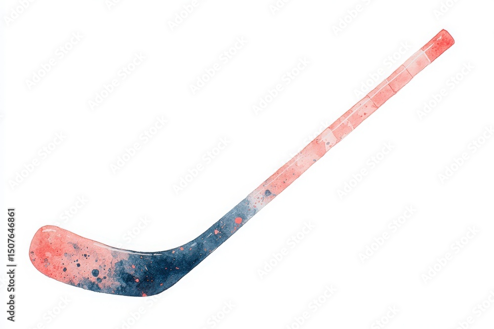 A detailed representation of a hockey stick featuring a unique watercolor design in shades of blue and pink. The background is plain white, highlighting the sticks artistic features.