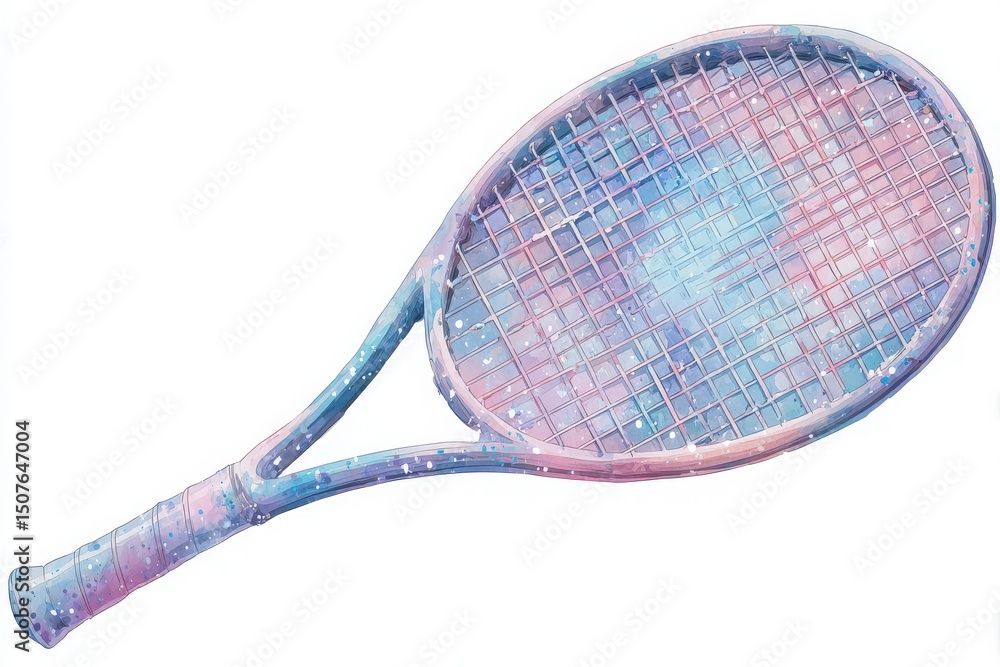 This artistic depiction showcases a tennis racket painted in vibrant galaxy colors, blending pink, blue, and white.