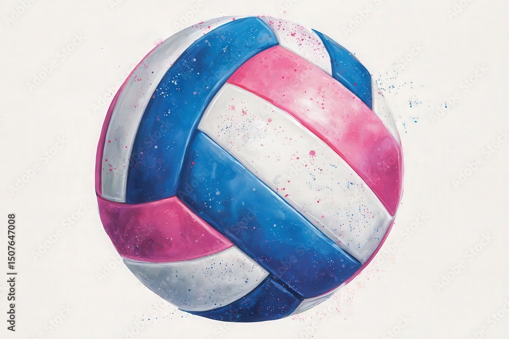 A vibrant volleyball features intricate designs in pink, blue, and white. The ball stands out against a simple backdrop, showcasing its unique colors and textures that capture attention.