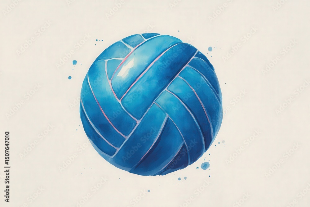 A striking illustration of a blue sports ball showcases detailed weaving patterns. The bright colors contrast with the plain background, creating a visually appealing design.
