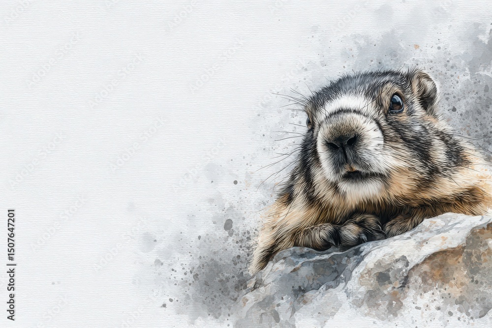 A marmot is perched on a rocky surface, gazing curiously. Its fur shows distinct patterns, blending with the rocky environment.