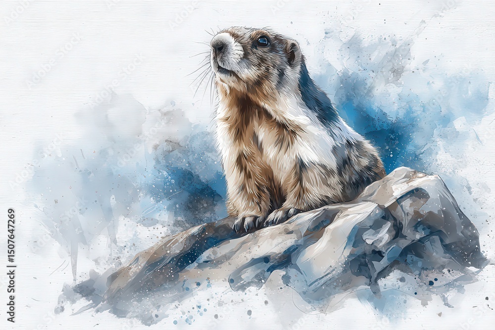 A marmot sits atop a rocky outcrop, gazing upward with a curious expression. The background features soft blue tones and abstract splashes, creating a tranquil atmosphere.