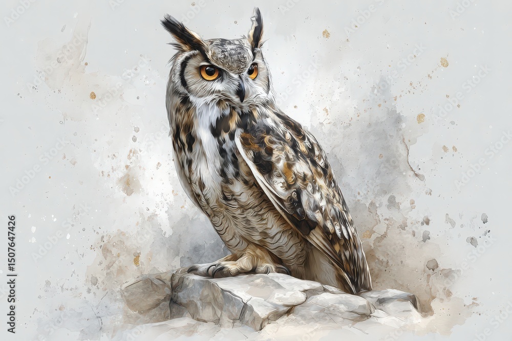 A stunning owl stands proudly on a rock, showcasing its detailed feathers and striking orange eyes. The background features a soft, artistic blend of colors enhancing its majestic presence.