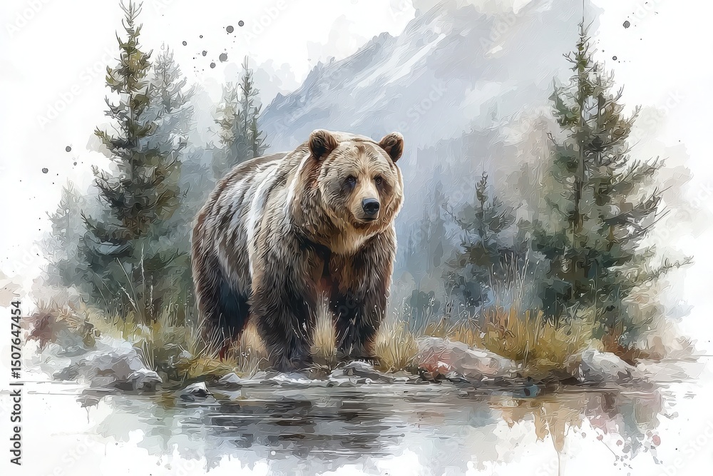 A brown bear stands on the rocky shore, surrounded by tall green trees and misty mountains. The water reflects its powerful form as the sun illuminates the tranquil scene in the early morning.