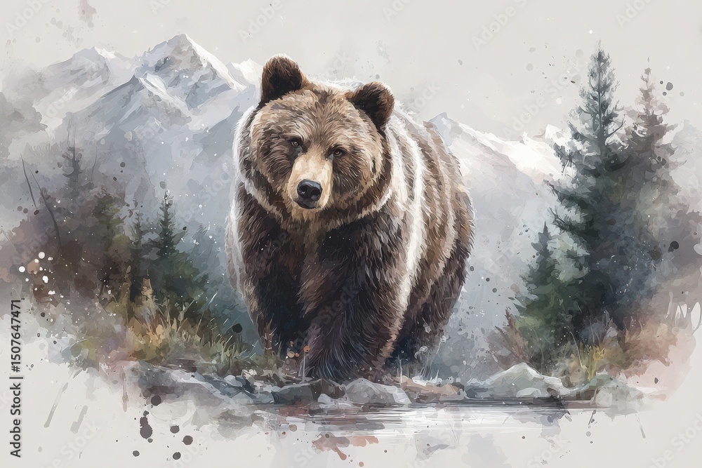 A brown bear strides confidently through a tranquil environment filled with trees and mountains. The early morning glow enhances the natural beauty of the scene, showcasing the bears strength.