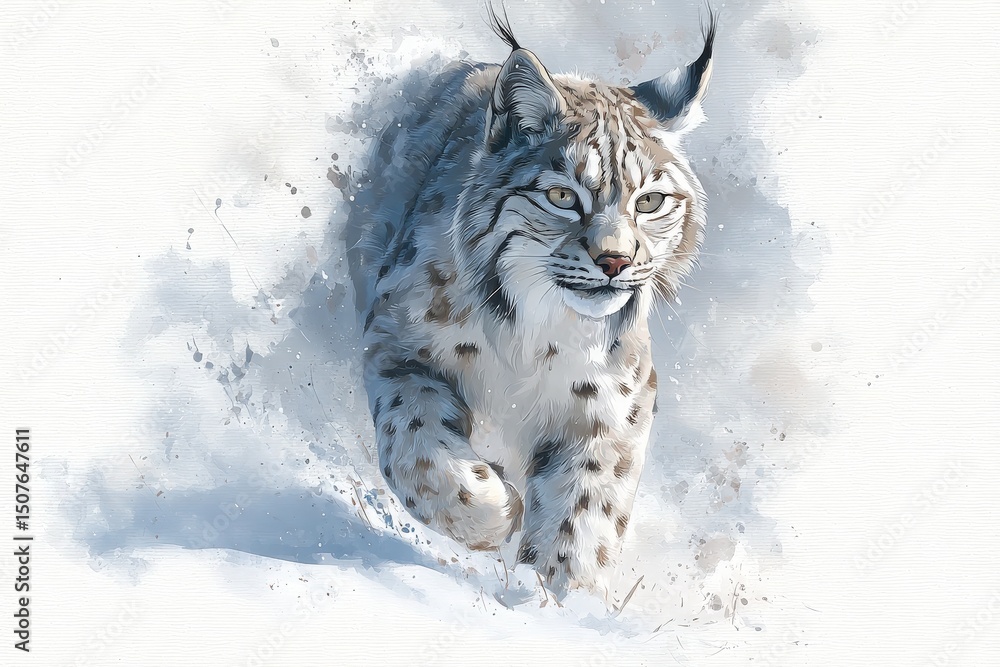 A lynx is depicted in a dynamic pose, sprinting through a snowy landscape. The artwork highlights the lynxs powerful form and striking features amid a wintry backdrop, showcasing natures beauty.