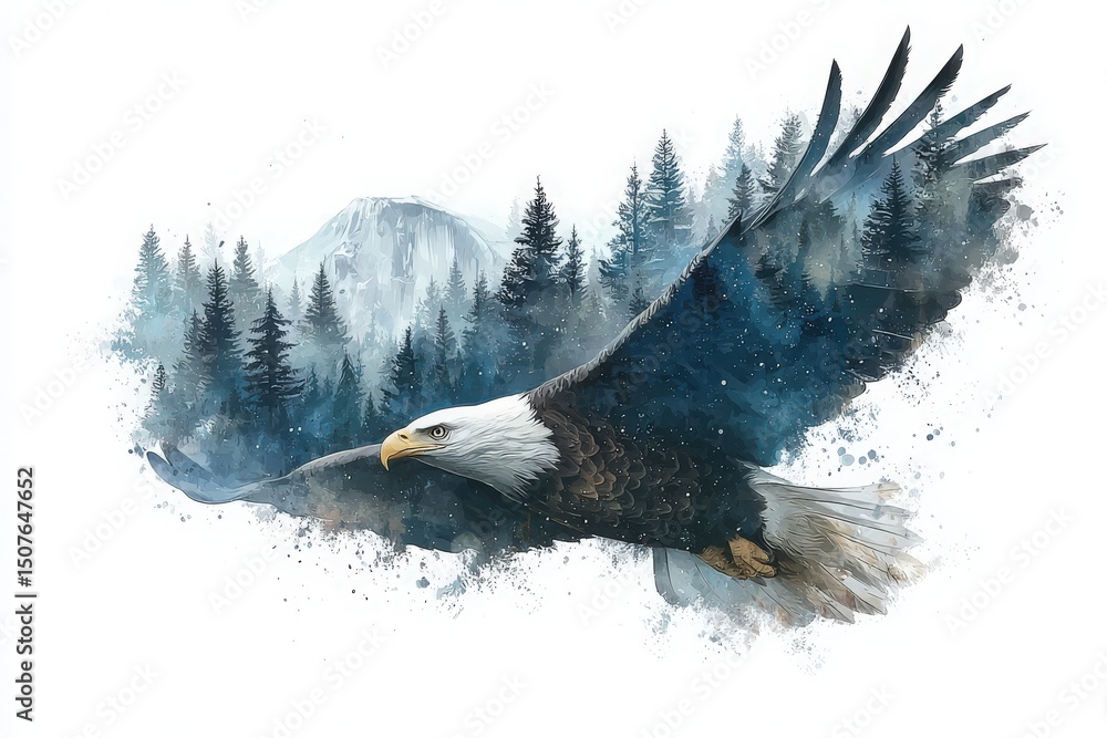 A powerful eagle glides gracefully through the air, wings spread wide. Below, deep green forests stretch out, with a misty mountain looming in the distance, creating a serene atmosphere.